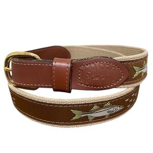 Zep-Pro Snook Fish Print Brown Canvas Golf Belt Leather Trim Brass Buckle Sz 36